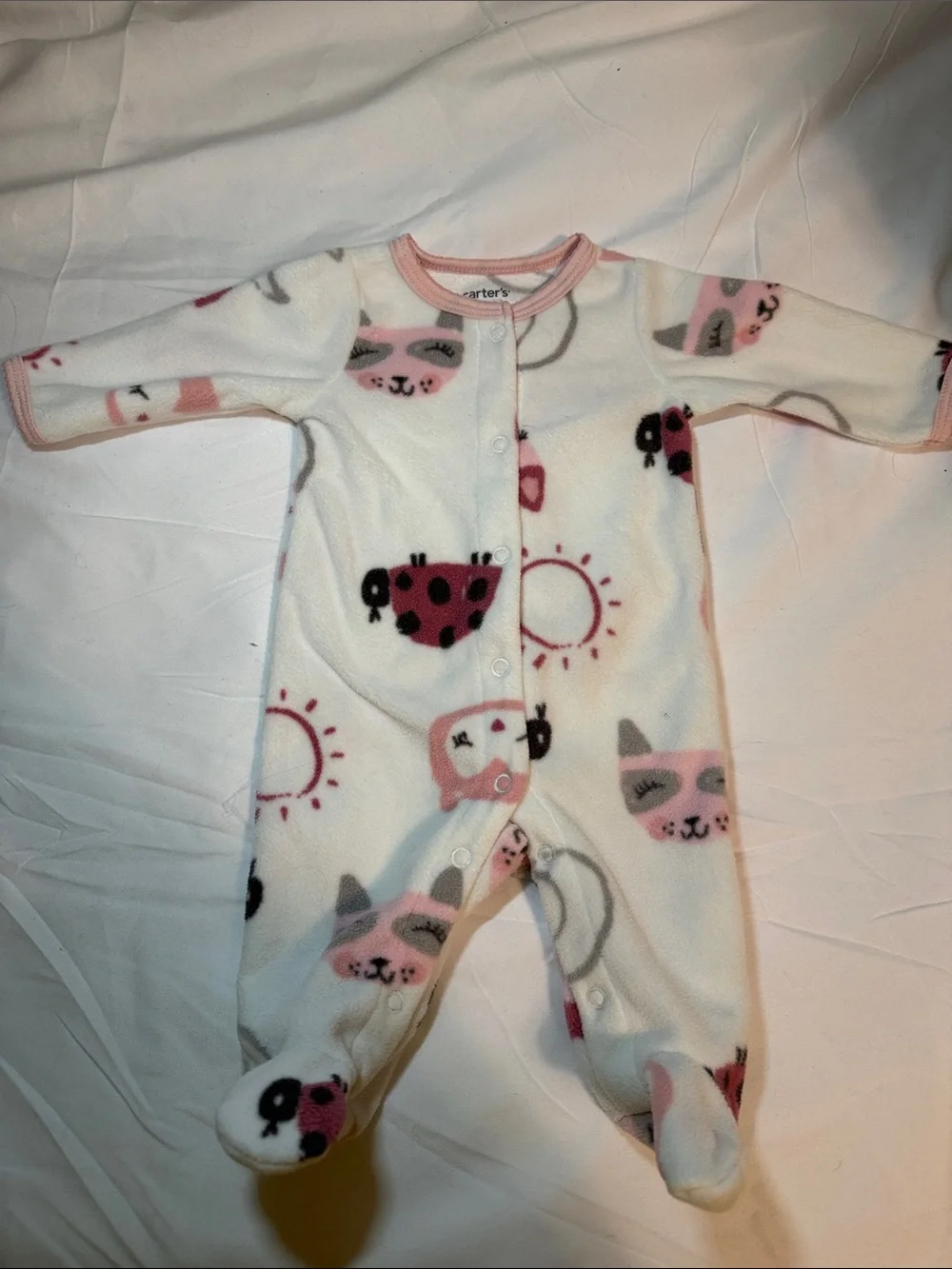 Carter's White Fleece Footed One-Piece with Pink & Gray Animal Print